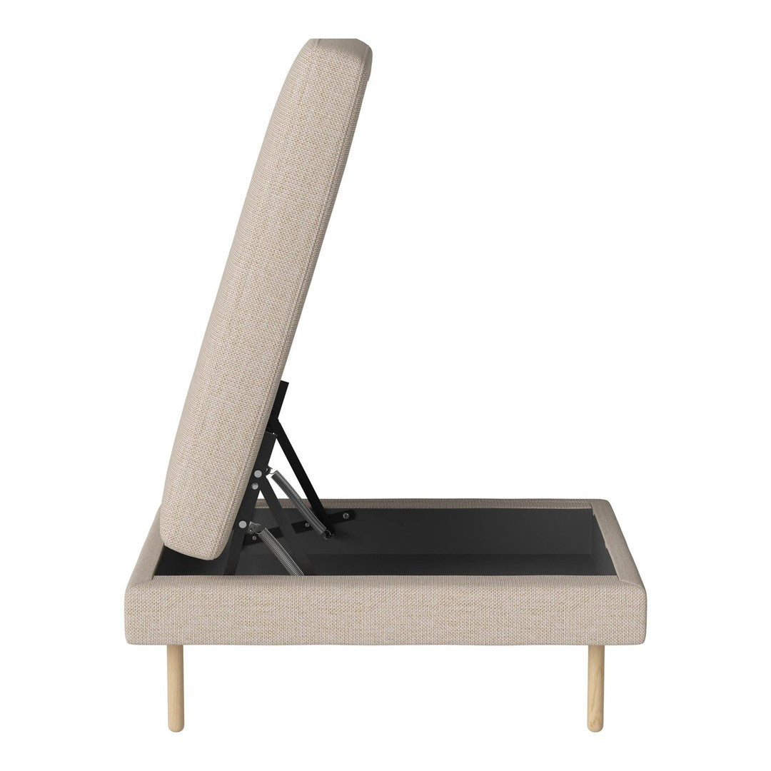 Light beige upholstered bed frame with a textured fabric pattern and natural wood legs, showcasing adjustable headrest.