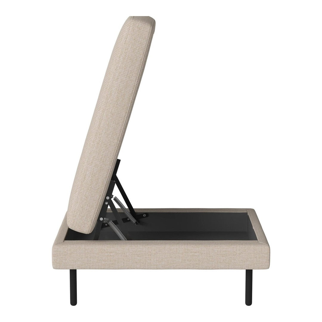 Beige upholstered bed frame with a textured fabric and black metal base, showcasing a modern, minimalist design.