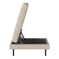 Beige upholstered bed frame with a textured fabric and black metal base, showcasing a modern, minimalist design.