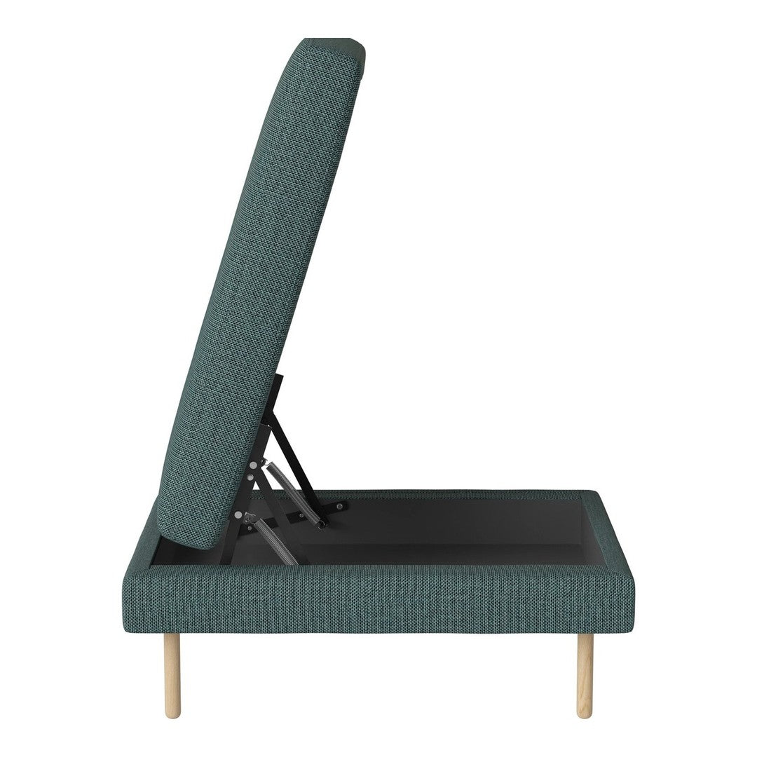 Teal upholstered chaise lounge with textured pattern and natural wood legs, ideal for modern living spaces.