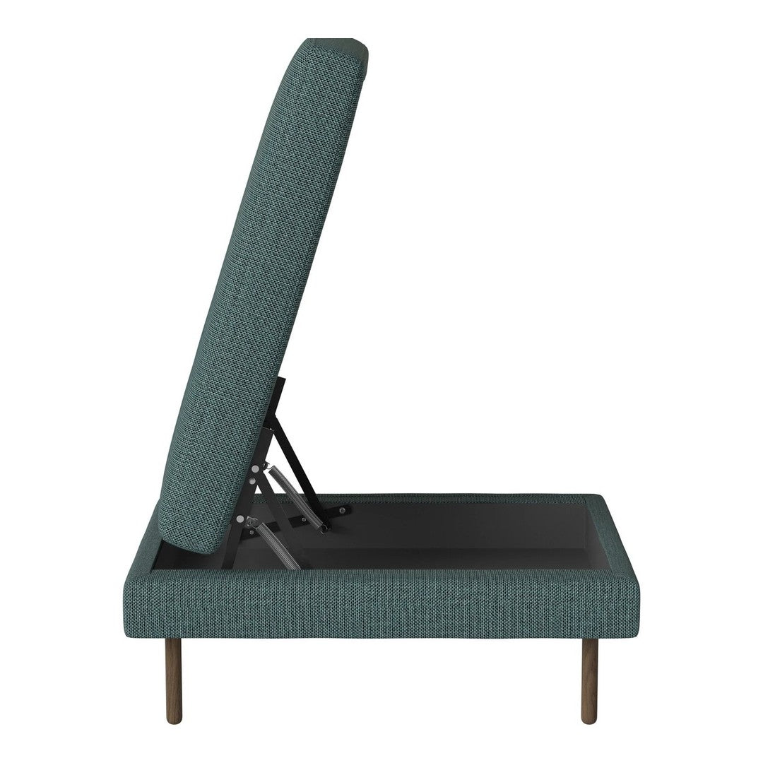 Teal upholstered couch with a textured fabric and mid-century wooden legs, showcasing a modern, minimalist design.