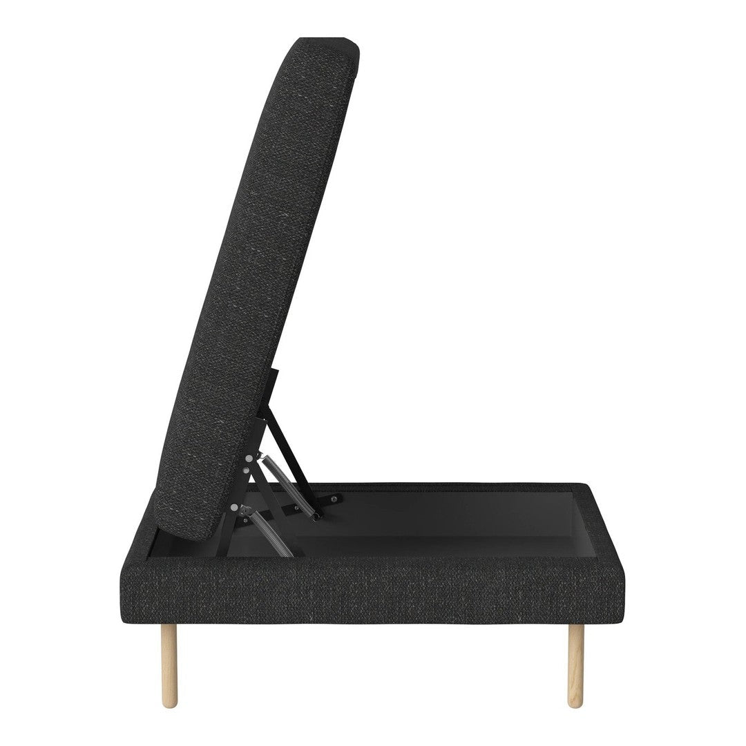 Gray upholstered adjustable sofa bed with a minimalist design and wooden legs. Textured fabric and sleek silhouette.