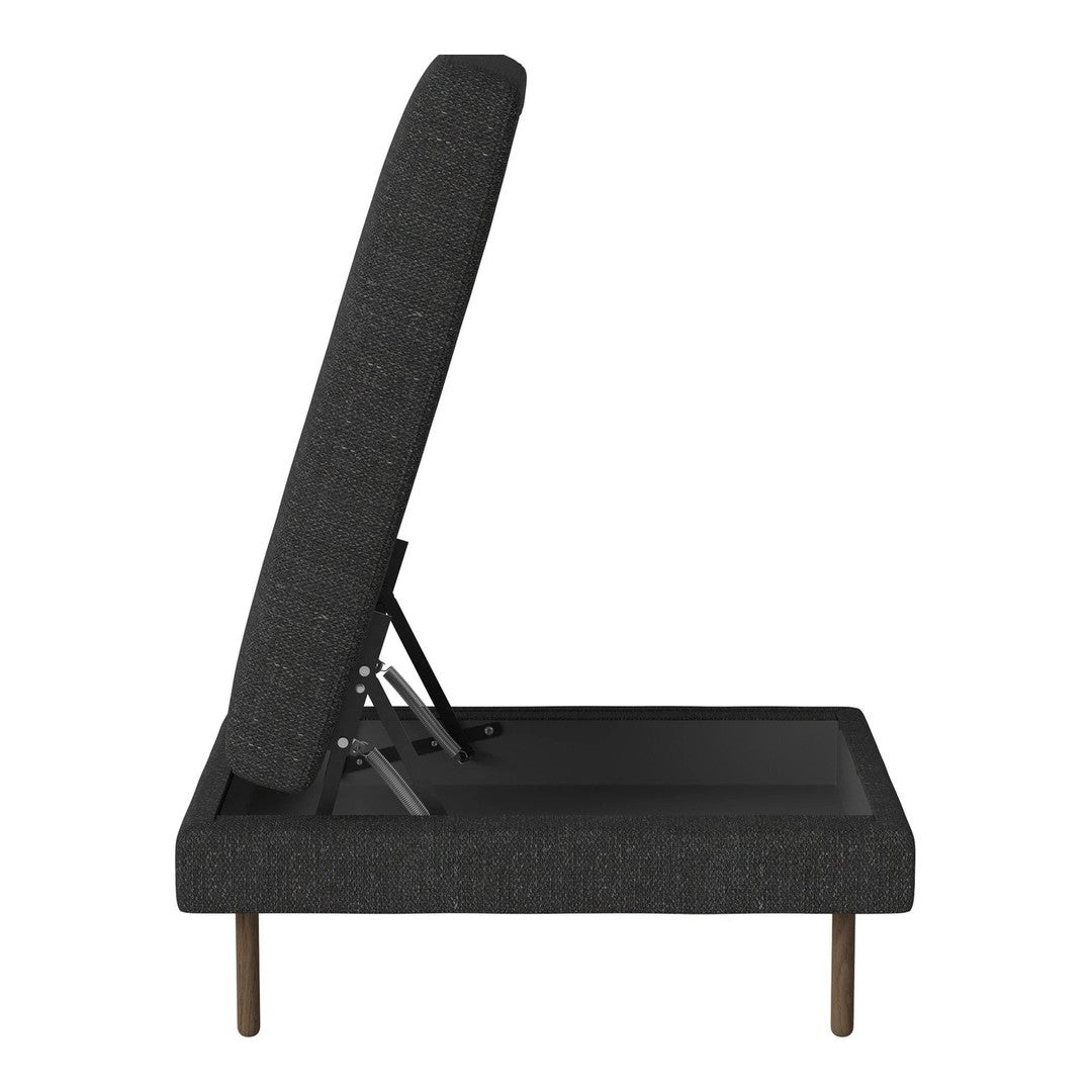 Dark grey upholstered bed frame with a sleek, minimalist design and a textured fabric pattern.