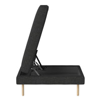 Adjustable black fabric lounge chair with a minimalist design and natural wood legs. Perfect for modern interiors.