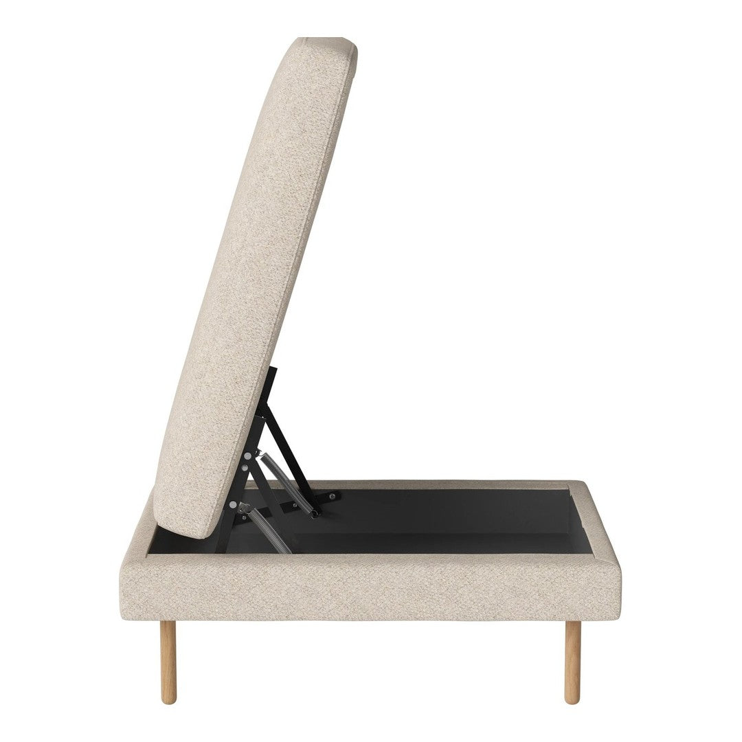 Beige upholstered storage bed with a lift-top design and wooden legs, featuring a minimalist style and neutral colors.