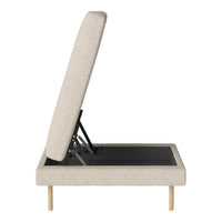 Light beige upholstered bed frame with a clean, modern design and natural wooden legs.
