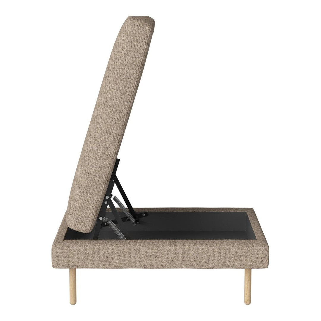 Beige upholstered bed frame with a minimalist design and wooden legs, showcasing a simple, modern aesthetic.