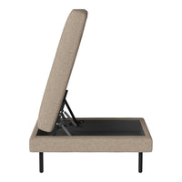 Beige fabric upholstery on a modern adjustable bed frame with a sleek black base and minimalist design.