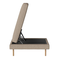 Beige upholstered bed frame with a smooth texture and wooden legs, featuring a minimalist, modern design.