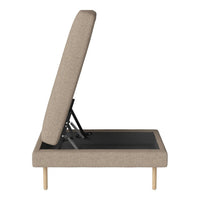 Beige upholstered bed frame with wooden legs and a patterned fabric headboard, partially reclined for versatility.