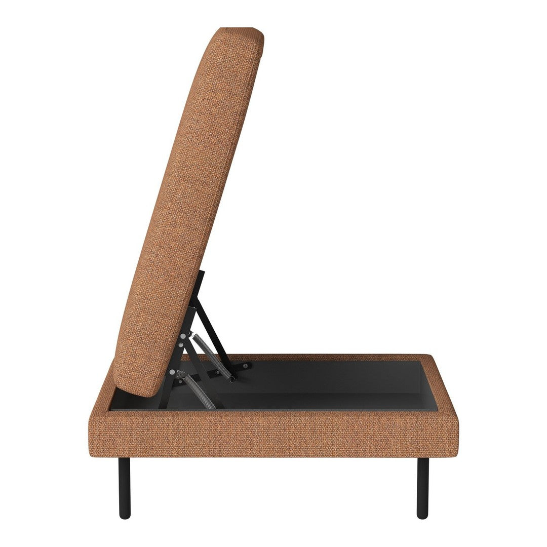 Brown textured fabric upholstery with a sleek black metal frame. Modern, minimalist design for versatile decor.