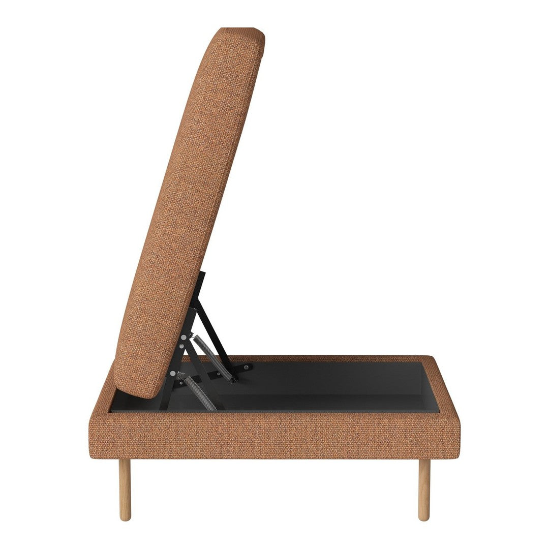 Brown textured upholstery on a sleek, modern base with a minimalist design, featuring a solid black platform.