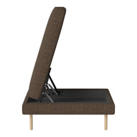 Brown upholstered adjustable bed frame with a textured fabric pattern and light wooden legs.