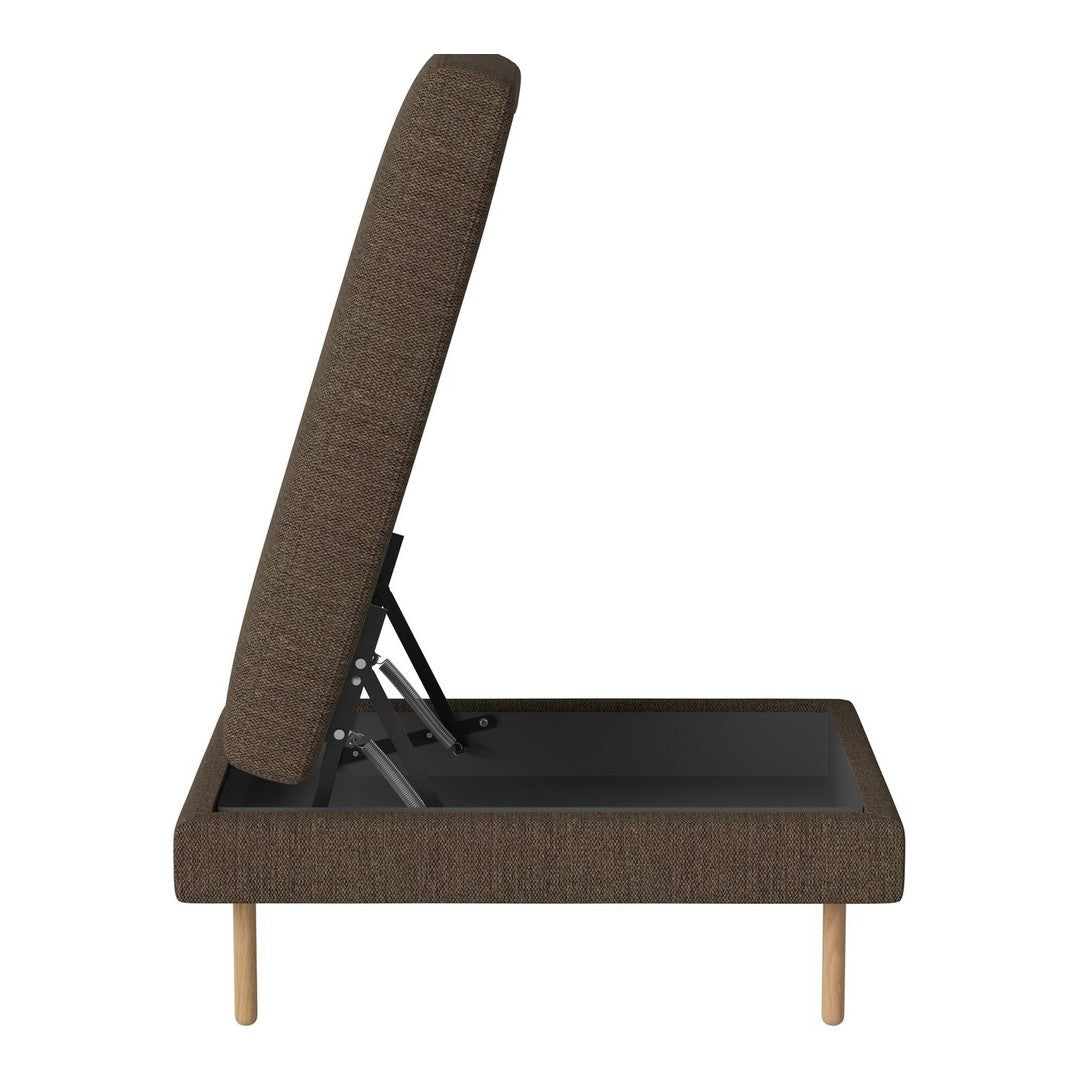 Brown fabric lounge chair with a clean, modern design and light wooden legs; perfect for any contemporary space.
