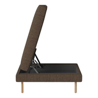 Brown fabric lounge chair with a clean, modern design and light wooden legs; perfect for any contemporary space.