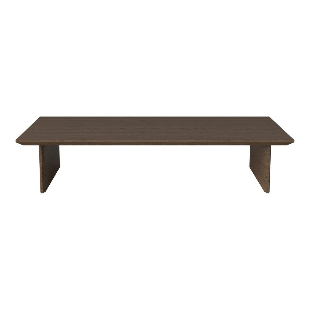 Brown rectangular coffee table with a smooth finish and minimalistic design, showcasing a sleek modern aesthetic.