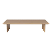 Light wood coffee table with a smooth finish and minimalist design, featuring clean lines and a neutral color palette.