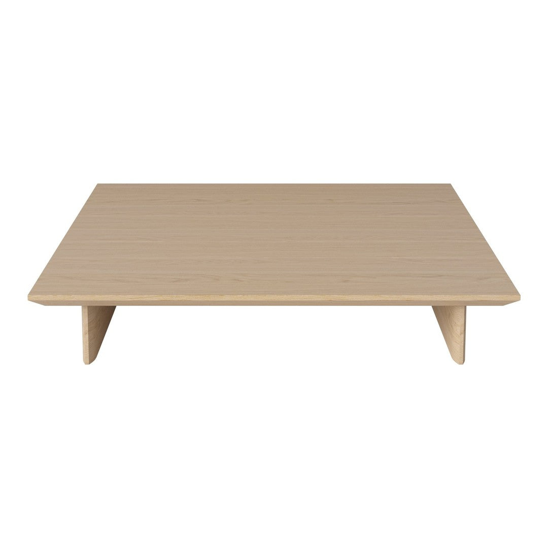 Light beige wooden coffee table with a smooth, minimalist surface and simple, tapered legs.