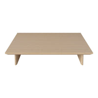 Light beige wooden coffee table with a smooth, minimalist surface and simple, tapered legs.