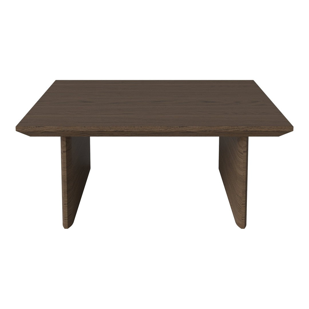 Brown wooden coffee table with a sleek, minimalist design and smooth surface, perfect for modern decor.