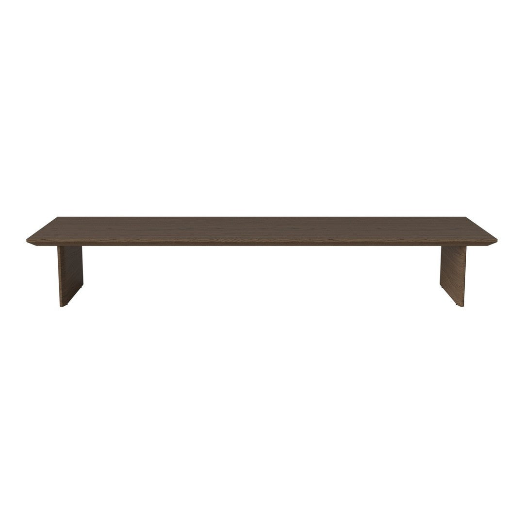 Dark brown minimalist wooden bench with a smooth finish and clean lines. Perfect for modern decor.