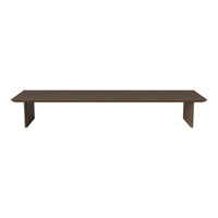 Dark brown minimalist wooden bench with a smooth finish and clean lines. Perfect for modern decor.