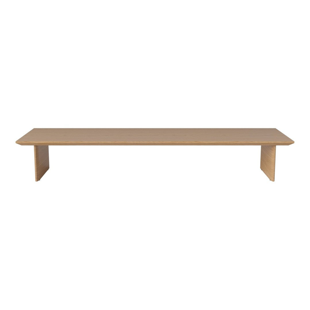 Light beige wooden bench with a sleek, minimalist design and smooth surface. Ideal for modern decor.