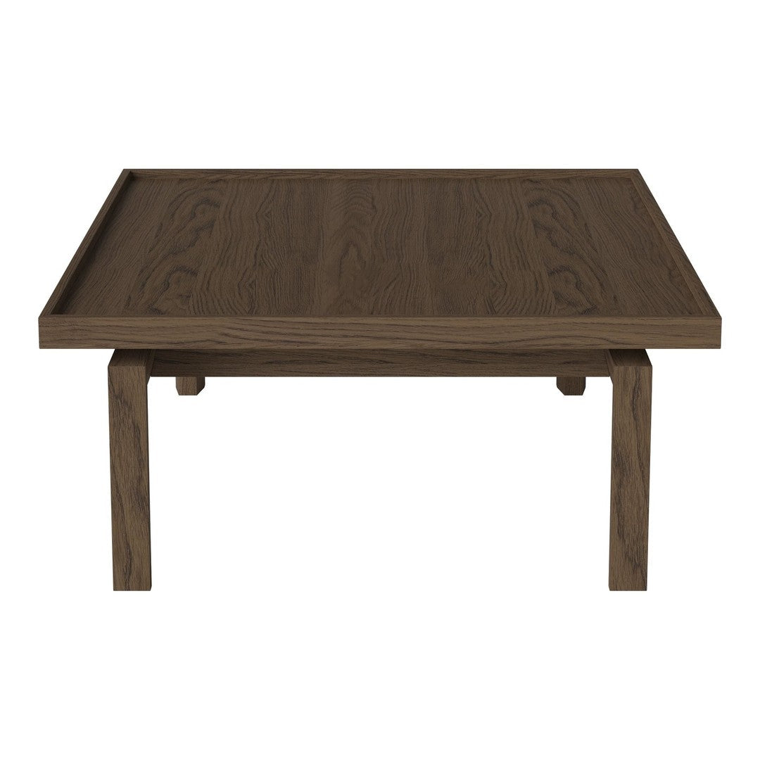 Wooden square coffee table in a rich brown finish with a smooth, natural grain pattern.