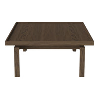 Wooden square coffee table in a rich brown finish with a smooth, natural grain pattern.