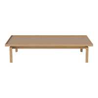 "Natural wood coffee table with a smooth, light brown finish and minimalistic design."