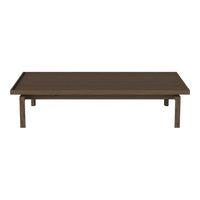 "Rectangle coffee table in a rich brown wood finish with a smooth, sleek surface and minimalist design."