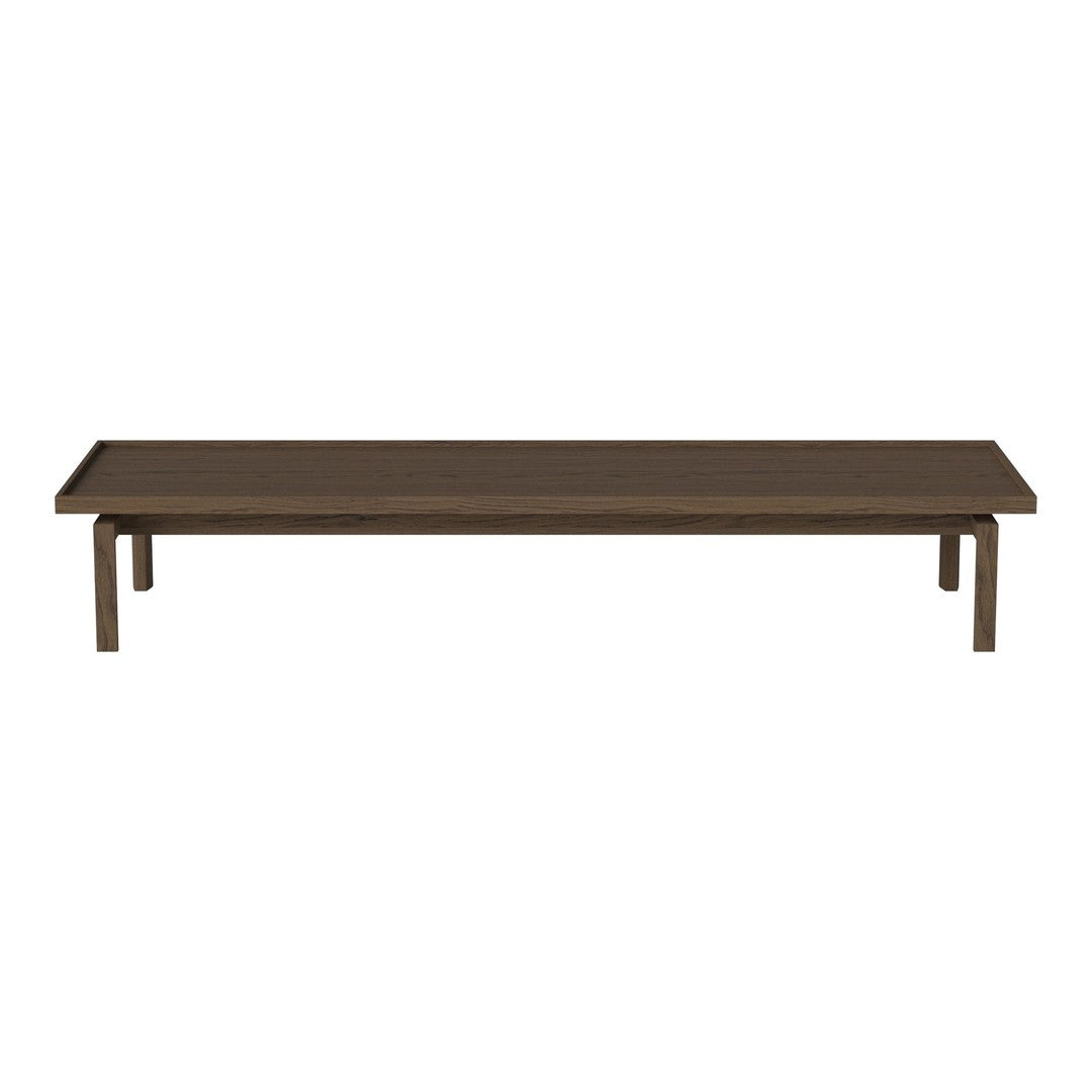 Dark brown wooden coffee table with a sleek, minimalist design and sturdy metal legs.