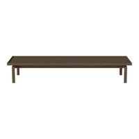 Dark brown wooden coffee table with a sleek, minimalist design and sturdy metal legs.