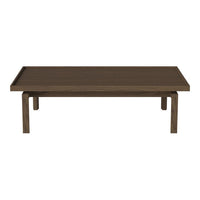 Dark brown wooden coffee table with a smooth, minimalist design and sleek, straight legs.