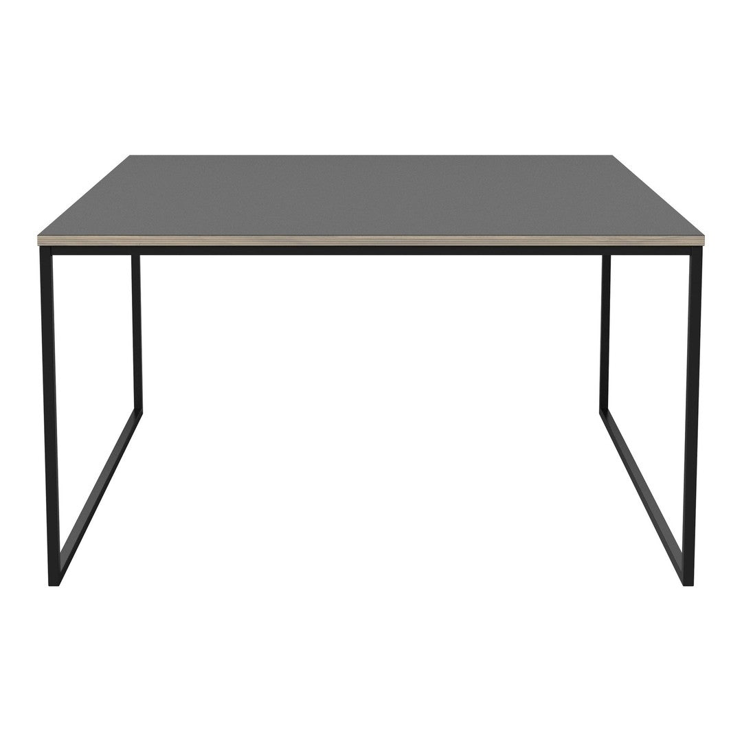 Modern black metal frame table with a sleek gray top, perfect for minimalist decor.