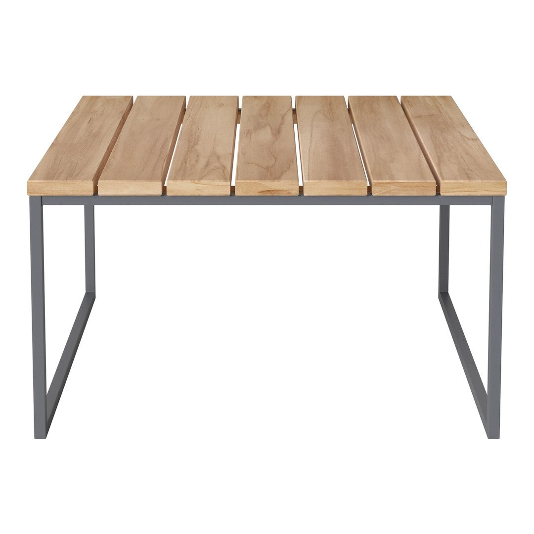 Natural wood slats with a light honey finish on a sleek gray metal frame, minimalist design, and clean lines.
