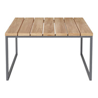 Natural wood slats with a light honey finish on a sleek gray metal frame, minimalist design, and clean lines.