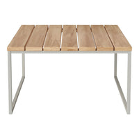 Light wood slatted tabletop with a sleek silver metal frame, perfect for modern outdoor or indoor settings.