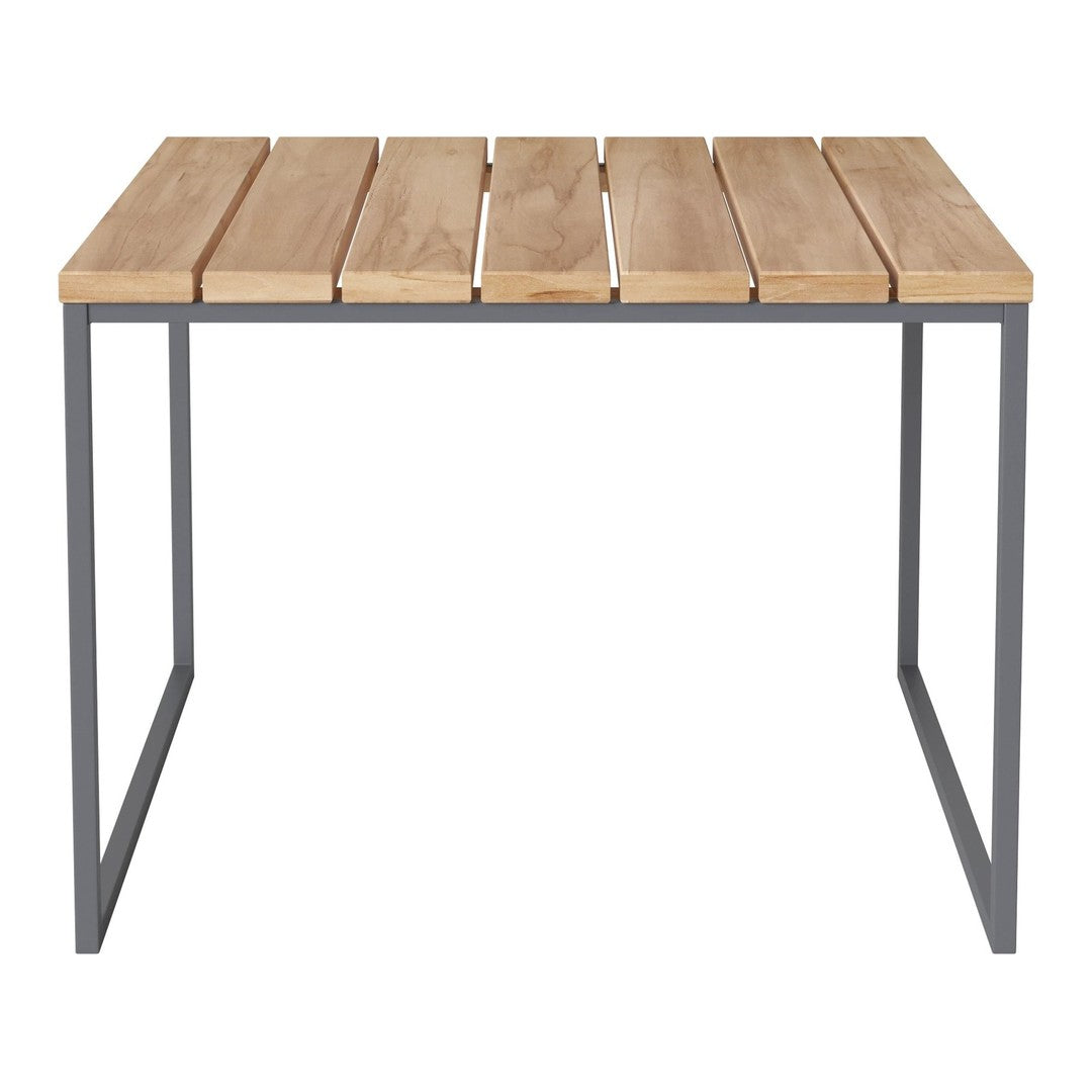 Natural wood tabletop with a sleek gray metal frame, featuring a simple slatted design.