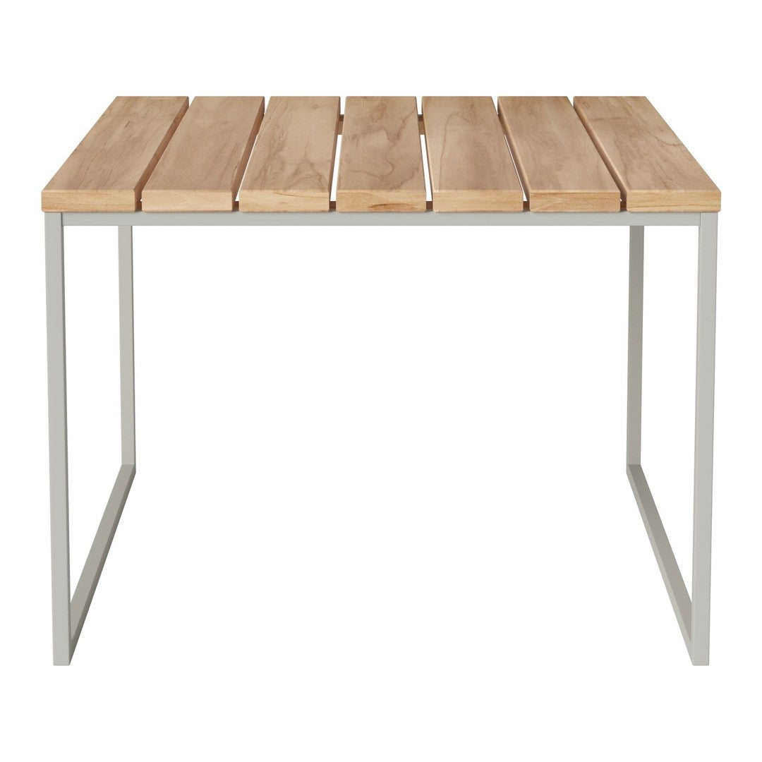 Natural wood slatted top with a light tan finish, complemented by a sleek silver metal frame. Perfect for modern decor.