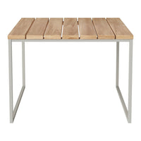 Natural wood slatted top with a light tan finish, complemented by a sleek silver metal frame. Perfect for modern decor.