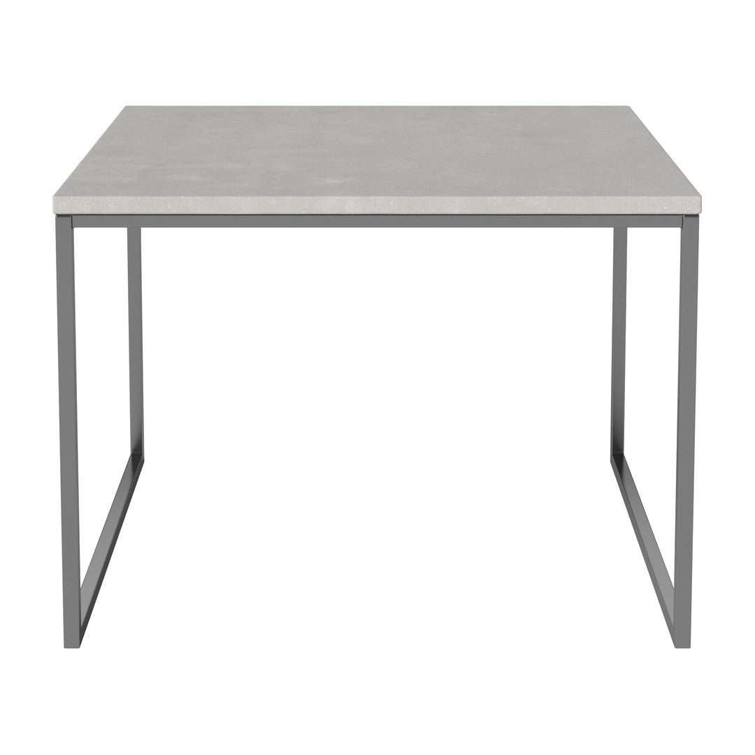 Gray concrete table with a modern silver metal frame, featuring a sleek, minimalistic design.