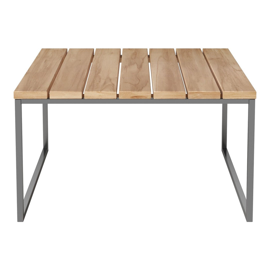 Wooden slat table top in natural beige with sleek gray metal frame, perfect for modern outdoor decor.