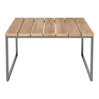 Wooden slat table top in natural beige with sleek gray metal frame, perfect for modern outdoor decor.
