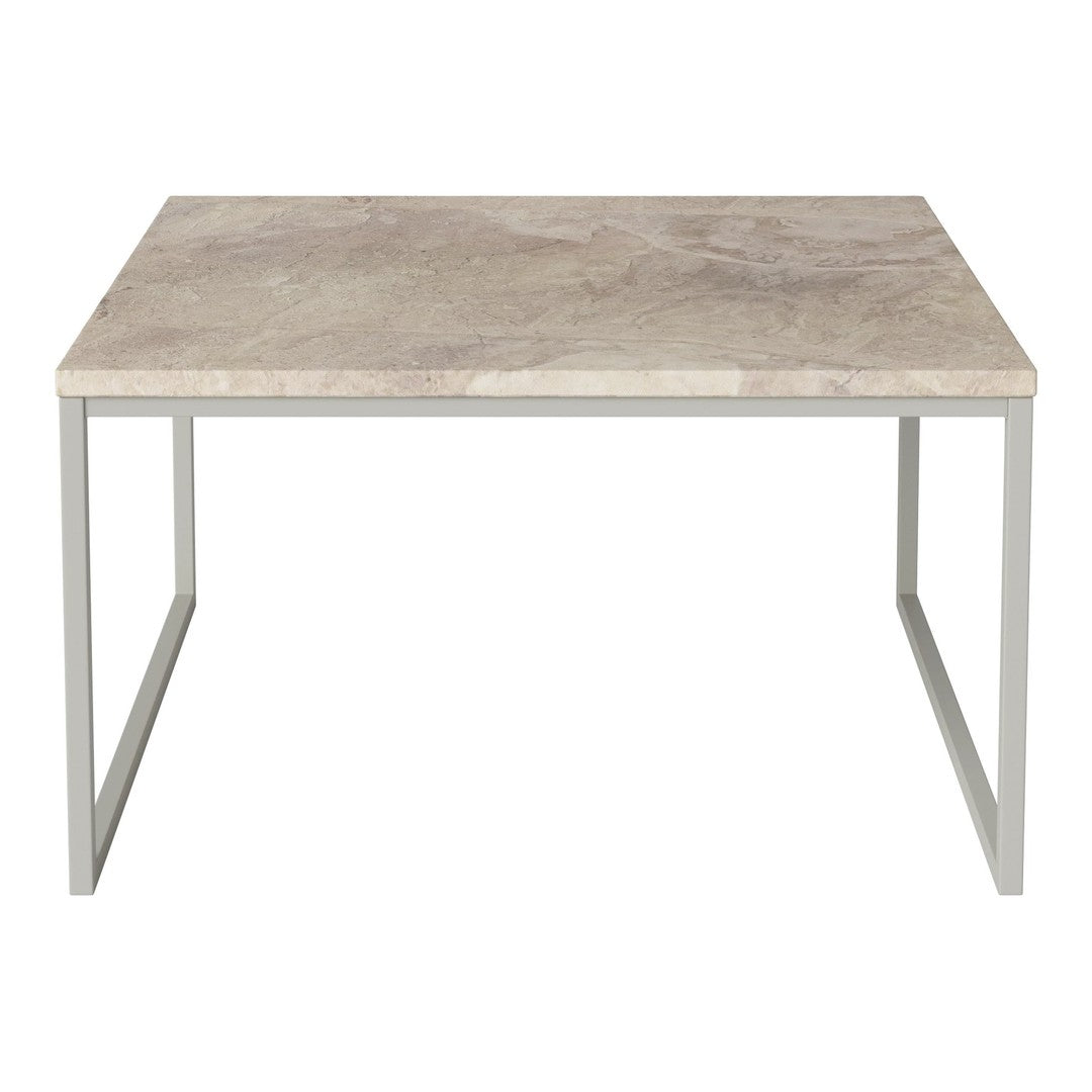 Square tabletop in light gray marble pattern with a sleek silver metal frame. Perfect for modern decor.