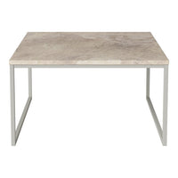 Square tabletop in light gray marble pattern with a sleek silver metal frame. Perfect for modern decor.