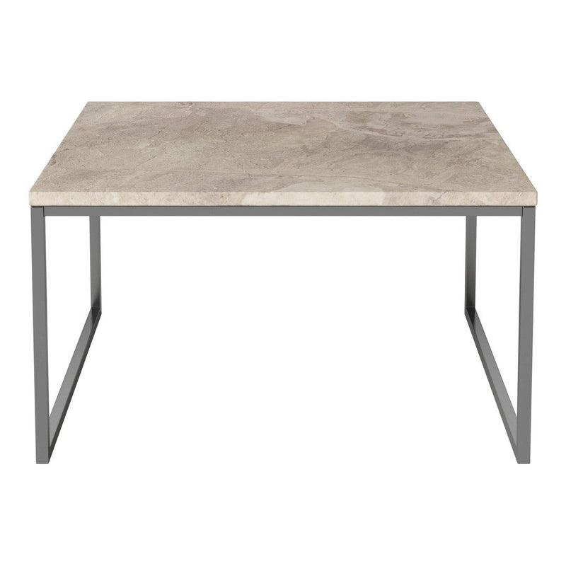 Gray marble top with natural veining on a simple metallic frame, perfect for modern decor.