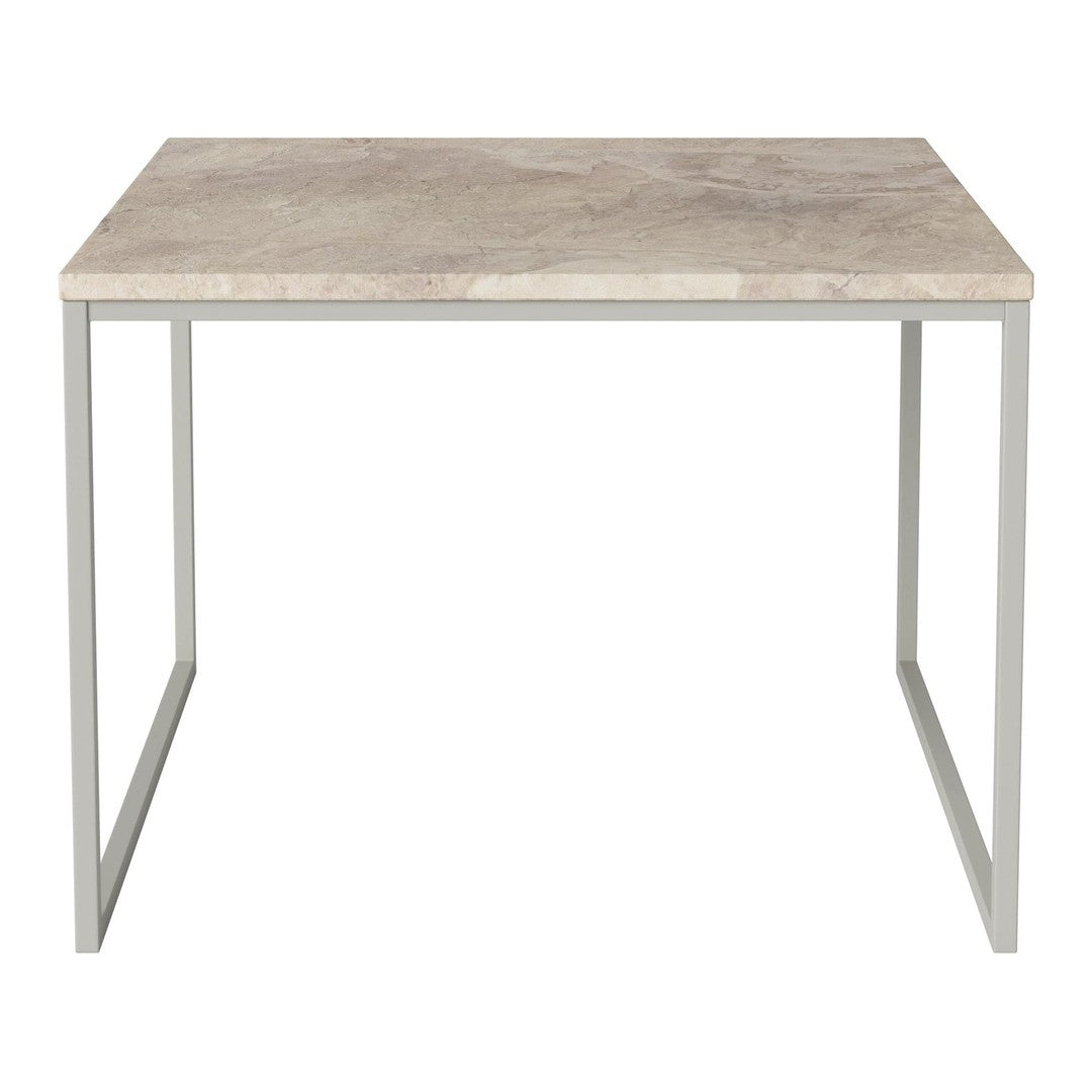 Gray marble tabletop on a sleek silver metal frame, showcasing a modern minimalist design. Perfect for contemporary spaces.