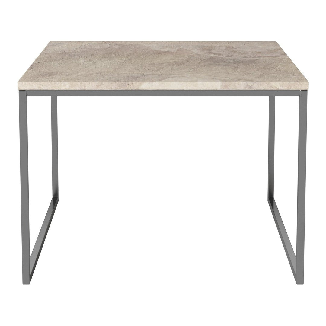 Gray marble tabletop with subtle veining, paired with a sleek black metal frame. Ideal for modern décor.