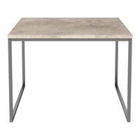 Gray marble tabletop with subtle veining, paired with a sleek black metal frame. Ideal for modern décor.